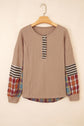 Straw Yellow Waffle Stripe Plaid Patchwork Henley Knit Top
