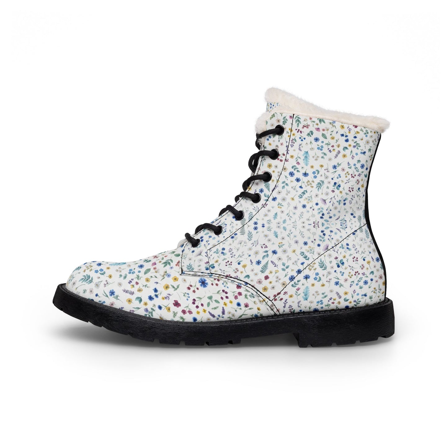 Floral Fur-Lined Leather Boots — Women's Cozy Winter Lace-Up Boots