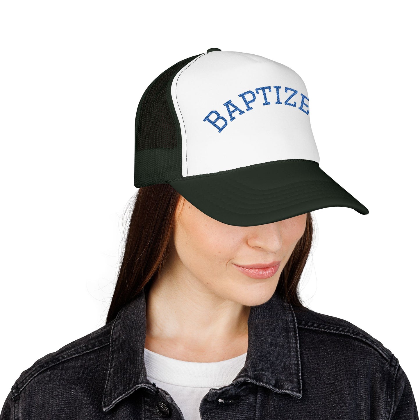 Baptized Foam Trucker Hat — Navy Christian Faith Baseball Cap