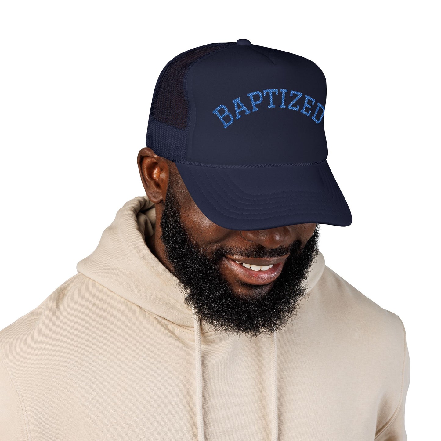 Baptized Foam Trucker Hat — Navy Christian Faith Baseball Cap