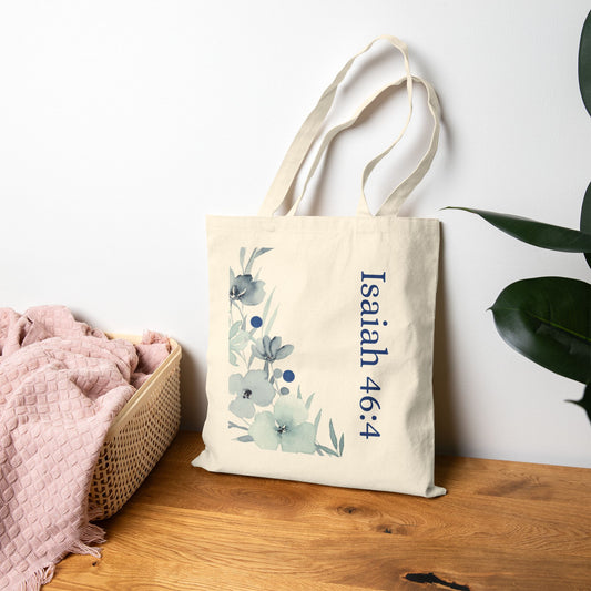 Isaiah 46:4 Floral Canvas Tote — Christian Scripture Reusable Grocery Bag