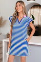 Dark Blue Stripe Print Contrast Collar Split Neck Flutter Sleeve Short Dress