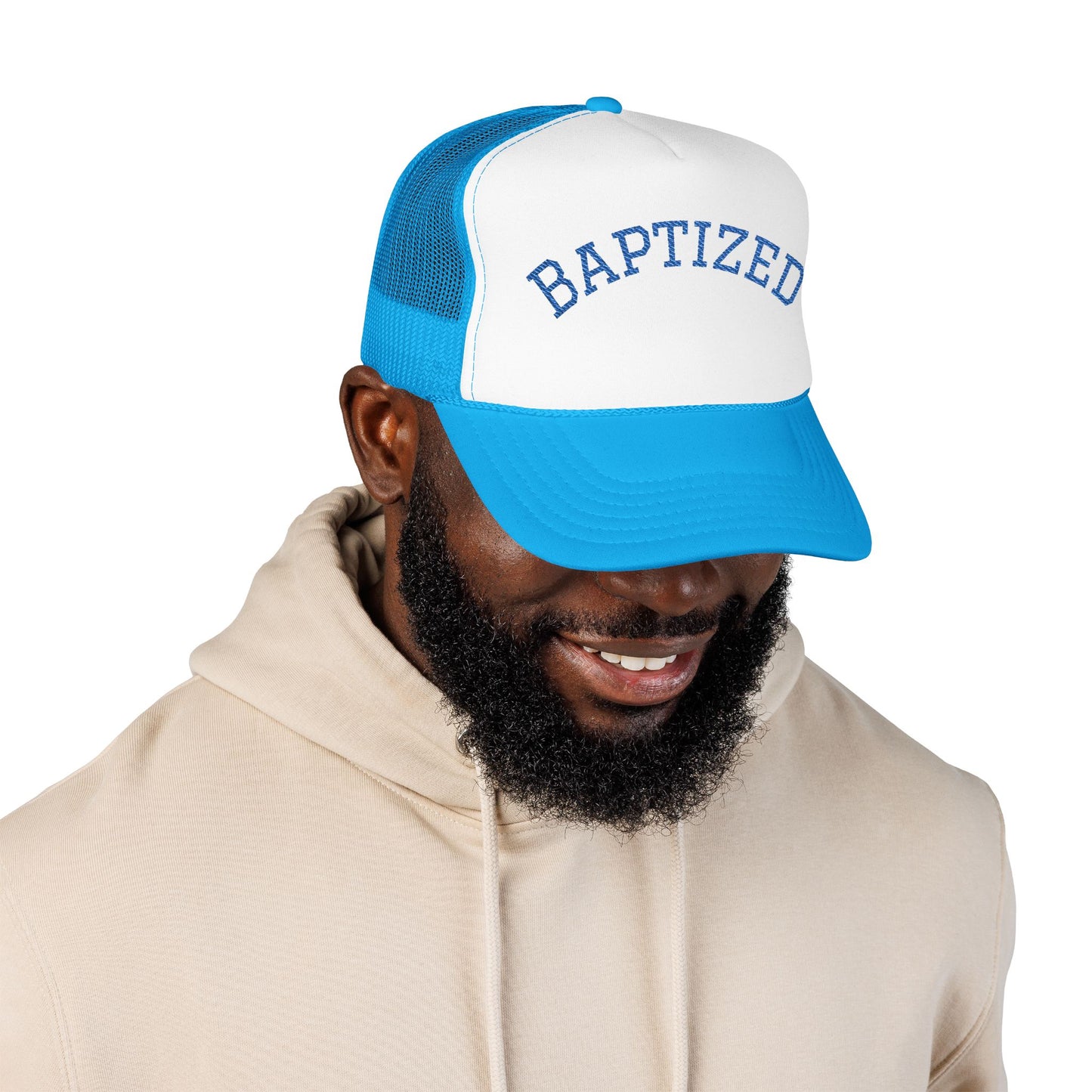 Baptized Foam Trucker Hat - Embroidered Faith Cap for Baptism & Church Celebrations