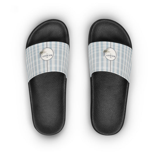 Slide Sandals — Blue Gingham Logo Women’s Pool Slides