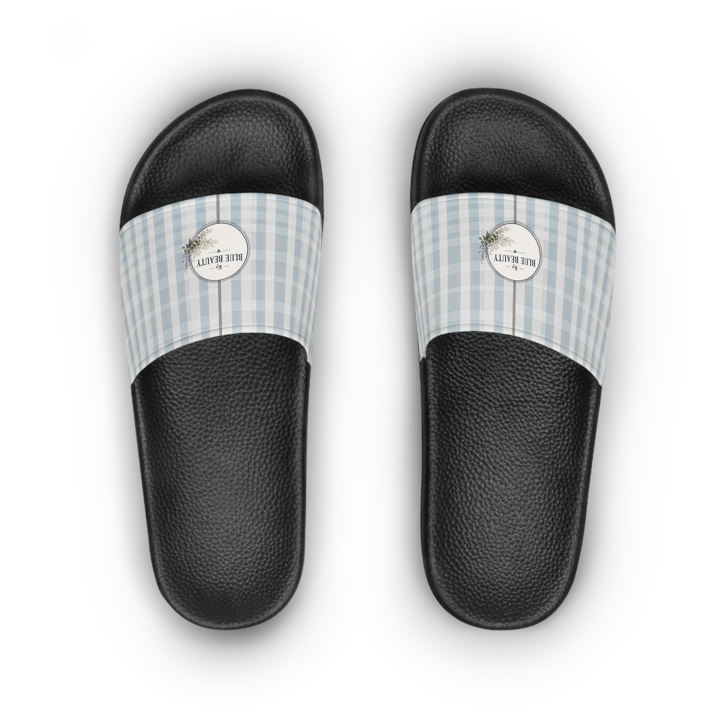 Slide Sandals — Blue Gingham Logo Women’s Pool Slides