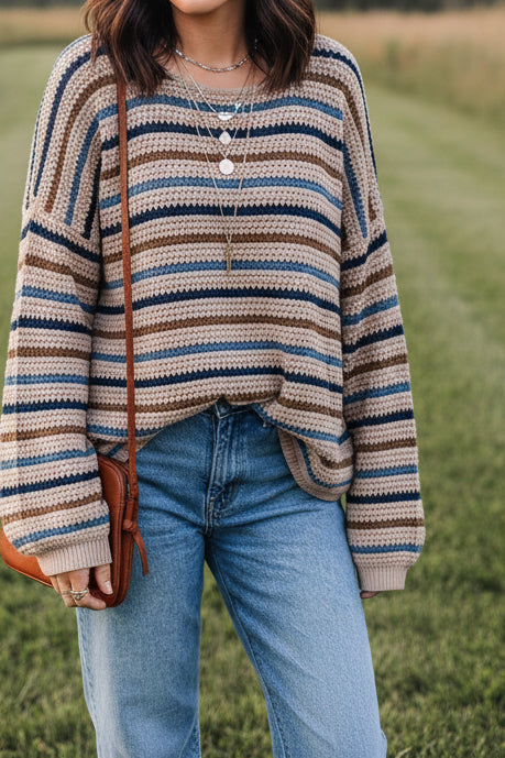 Multicolour Striped Knitted Drop Shoulder Round Neck Sweater