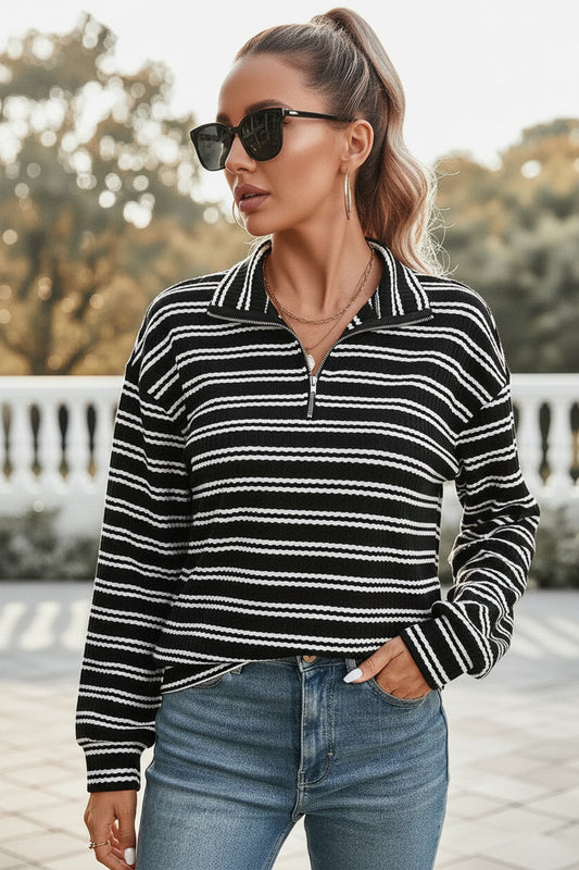 Black Stripe Textured Quarter Zip Collar Long Sleeve Top