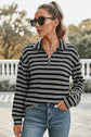 Black Stripe Textured Quarter Zip Collar Long Sleeve Top