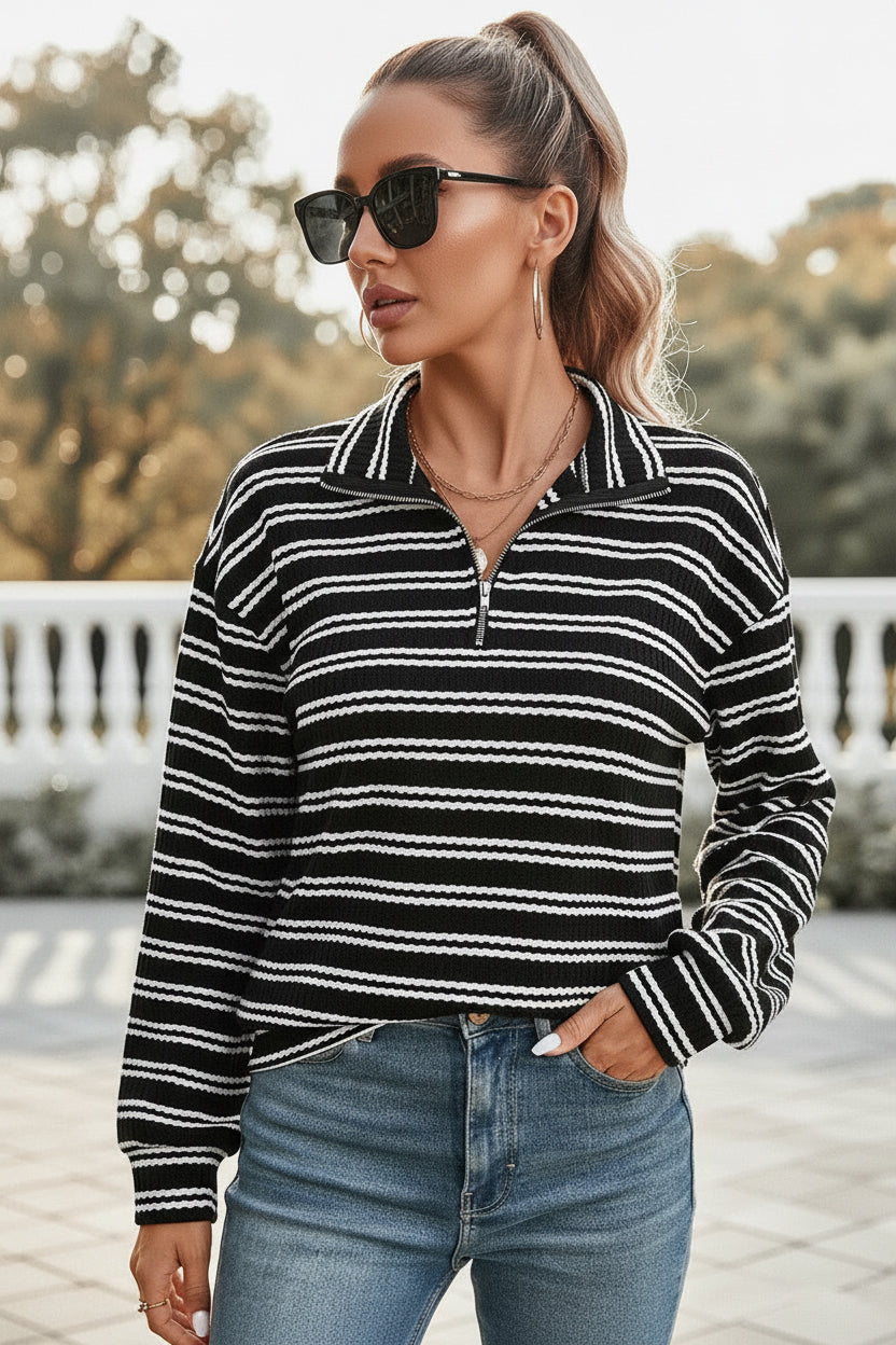 Black Stripe Textured Quarter Zip Collar Long Sleeve Top