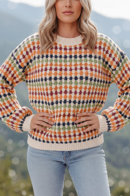 Multicolour Dotty Striped Pattern Knit Drop Shoulder Sweater