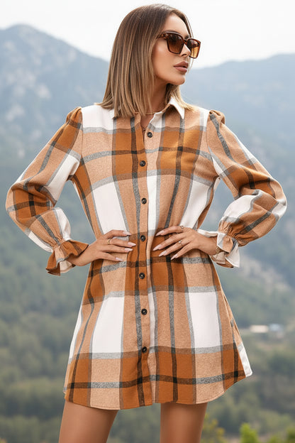 Khaki Plaid Pattern Collared Neck Ruffled Sleeve Shirt Dress