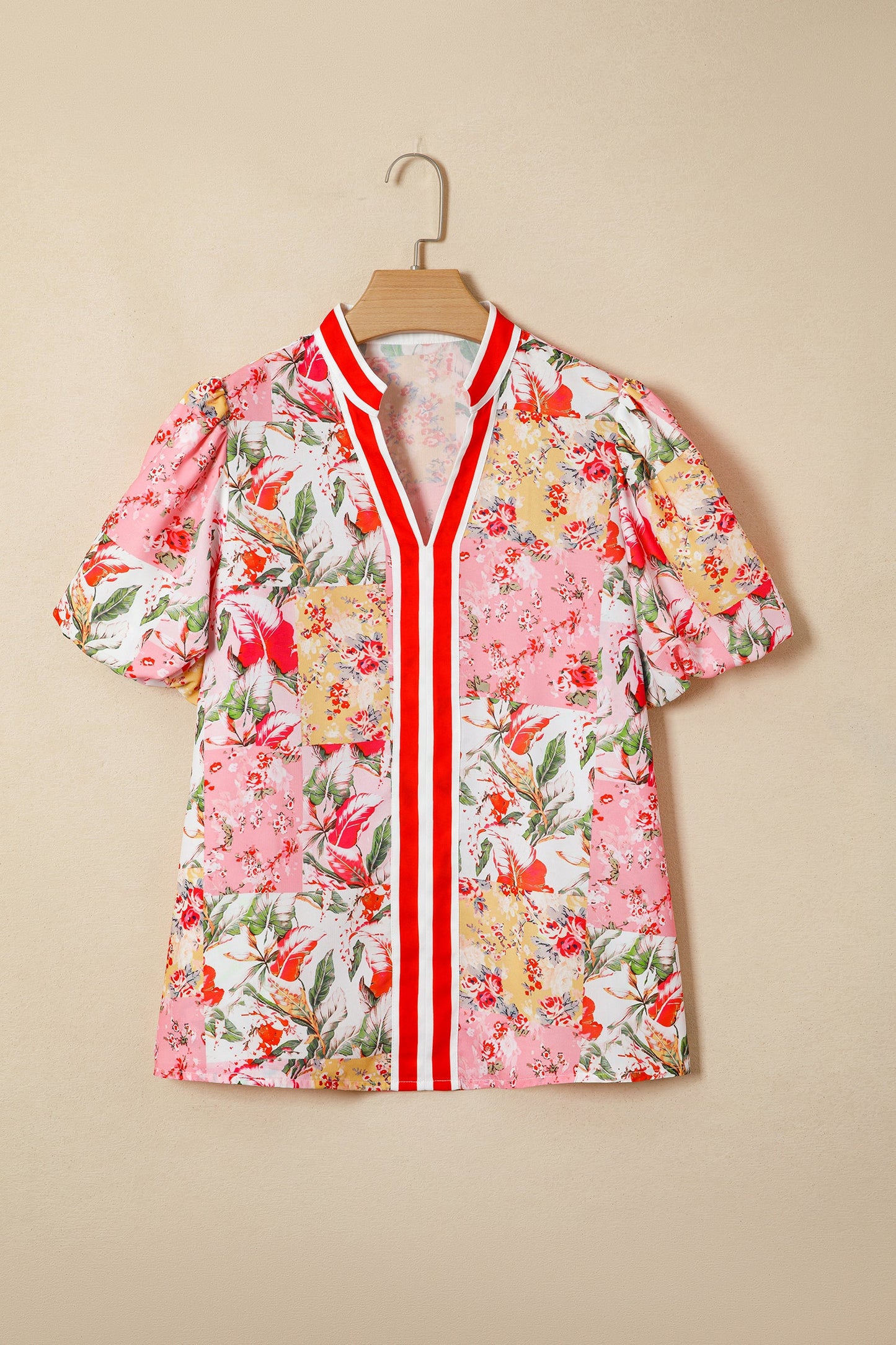Floral Contrast Collared V-Neck Short Sleeve Blouse