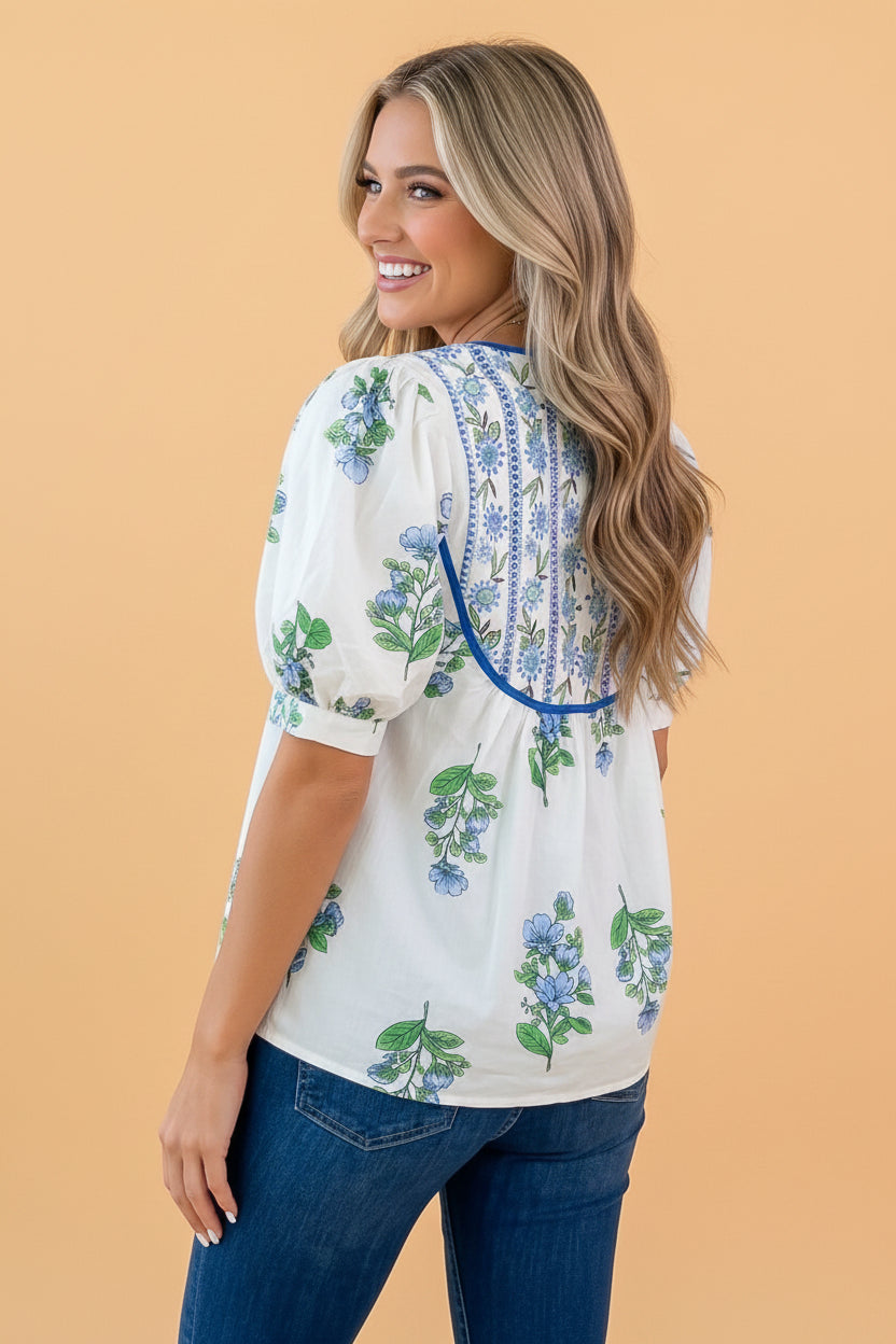 Floral Contrast Trim Tie Neck Blouse