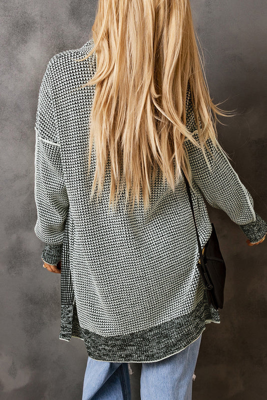 Navy Blue/Black Plaid Knitted Long Open Front Cardigan