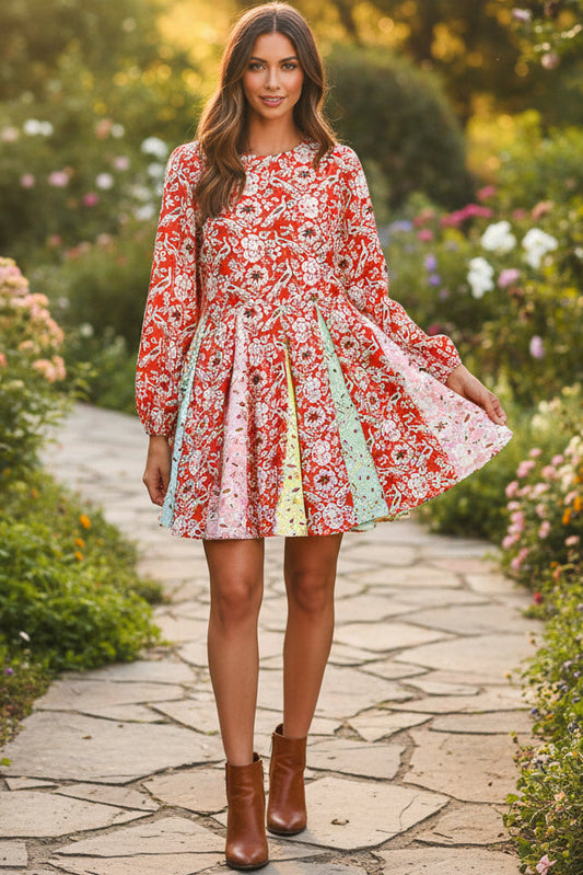 Red Colorful Floral Patchwork Long Sleeve Pleated Mini Dress