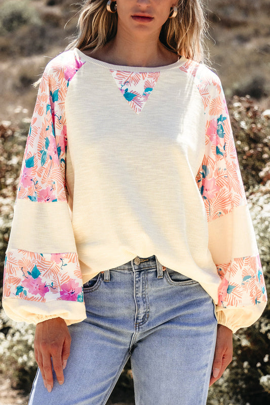 Floral Patchwork Balloon Sleeve Textured Blouse