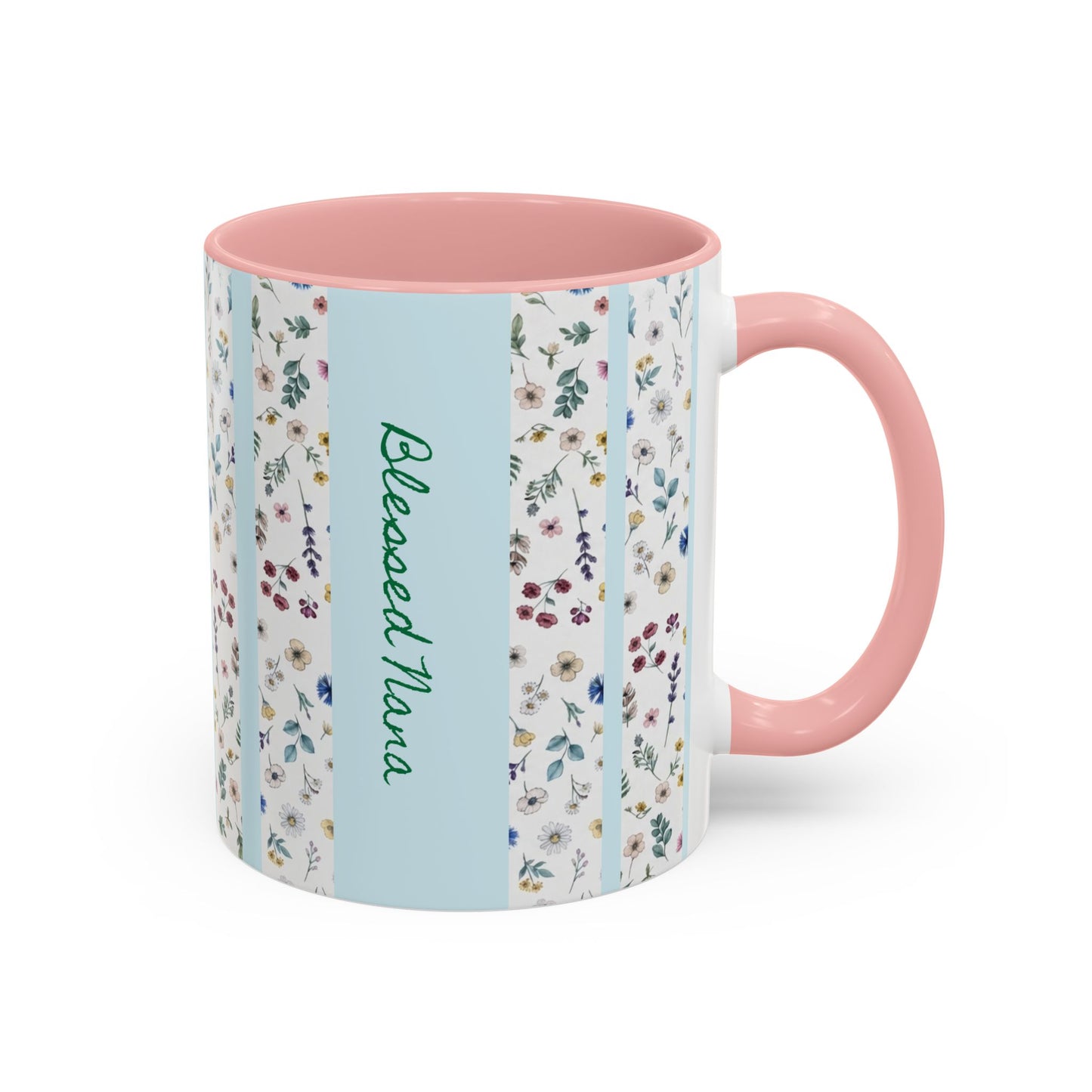 Blessed Nana Floral Accent Coffee Mug — Blue Striped 11/15oz