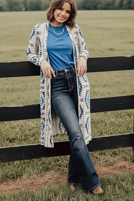 Sky Blue Western Aztec Printed Open Front Long Cardigan