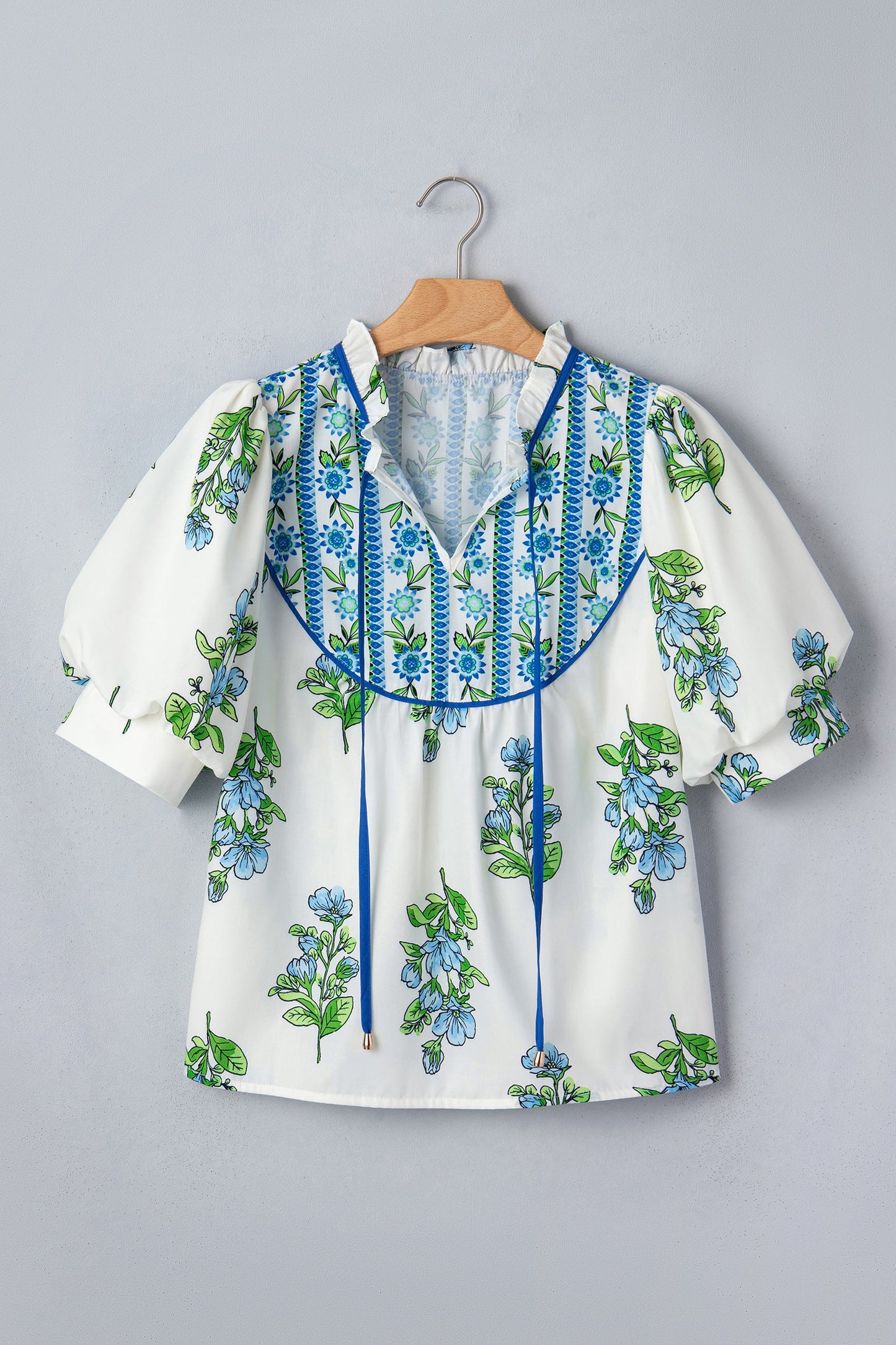 Floral Contrast Trim Tie Neck Blouse