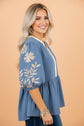 Floral Embroidered Colorblock Puff Sleeve Babydoll Blouse