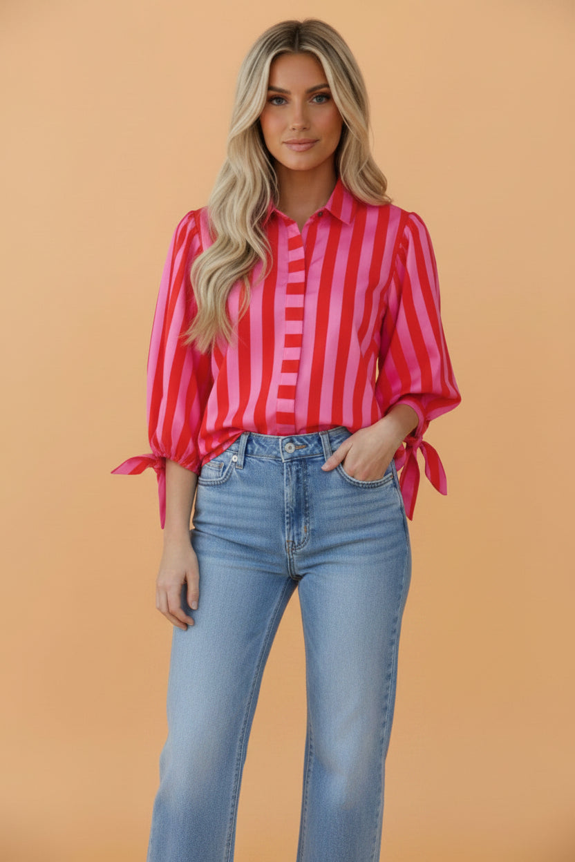 Stripe Tie Puff Sleeve Button Down Shirt