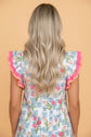 Floral Colorblock Flutter Sleeve Half Button Blouse
