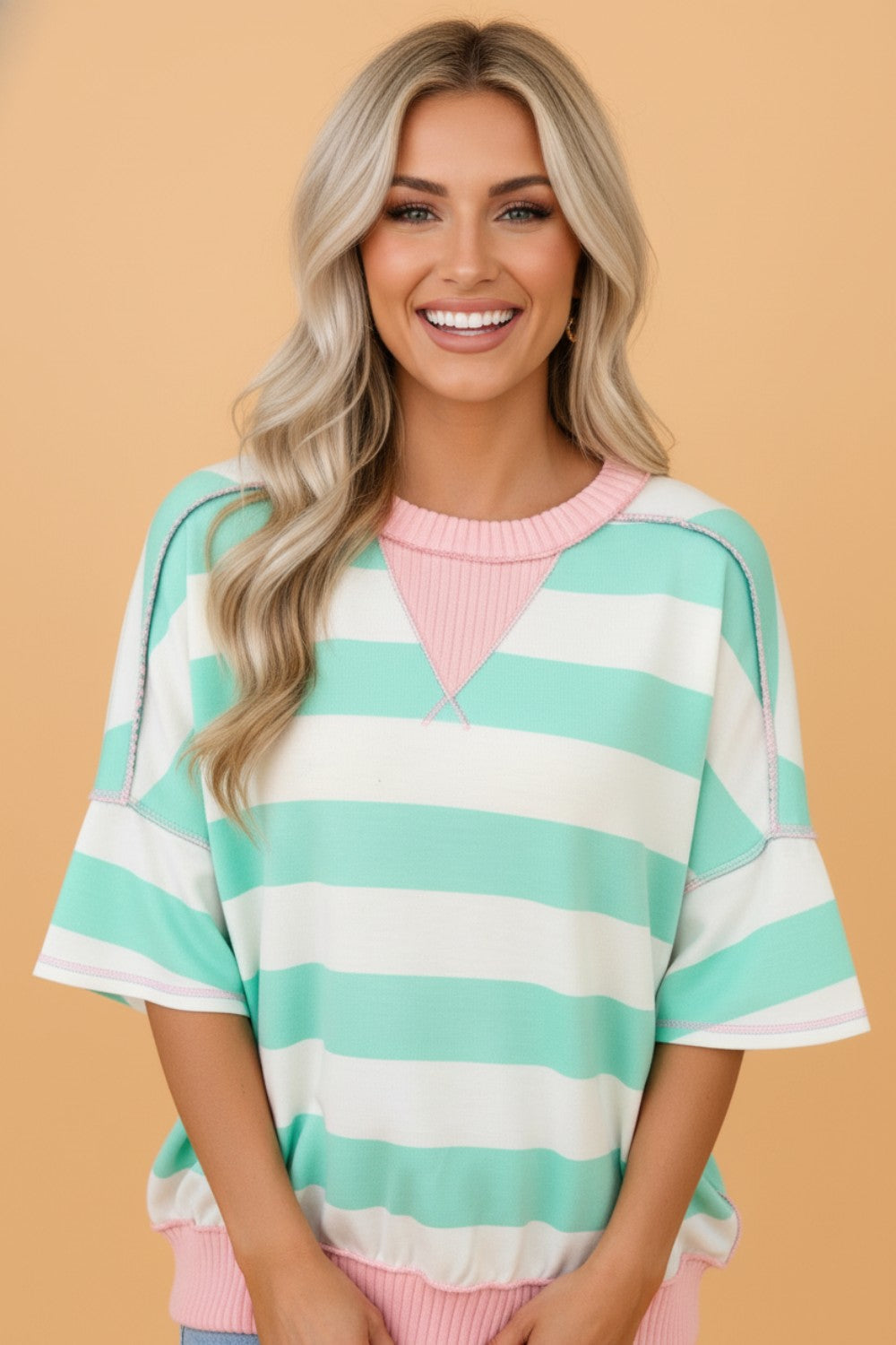 Stripe Exposed Seam Ribbed Patchwork Oversized Tee