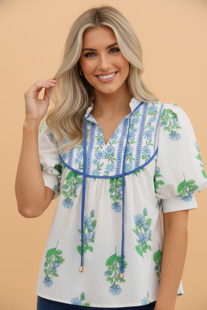 Floral Contrast Trim Tie Neck Blouse