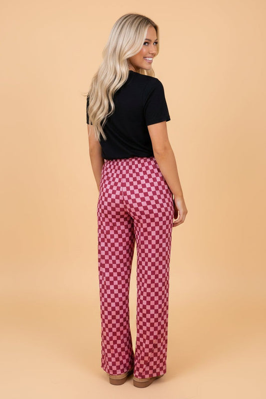 Checker Elastic Waist Wide Leg Pants