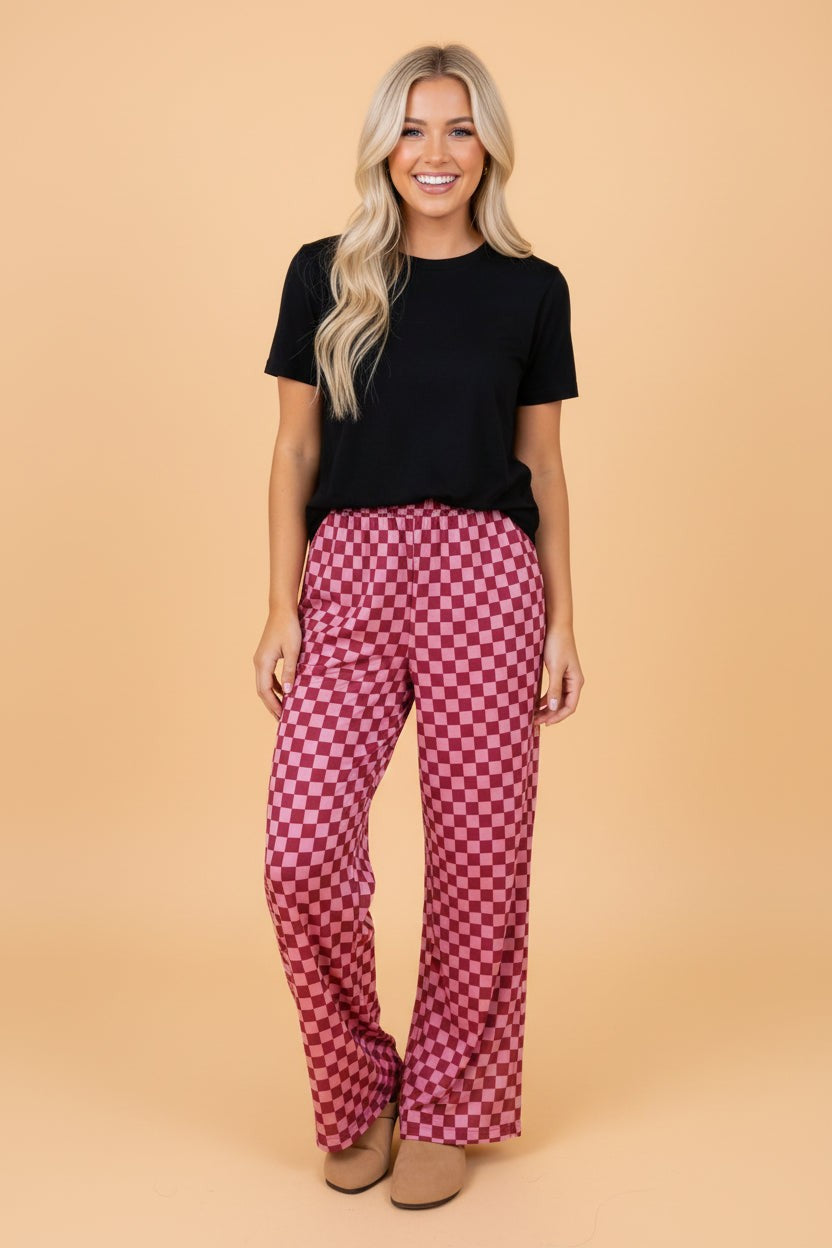 Checker Elastic Waist Wide Leg Pants