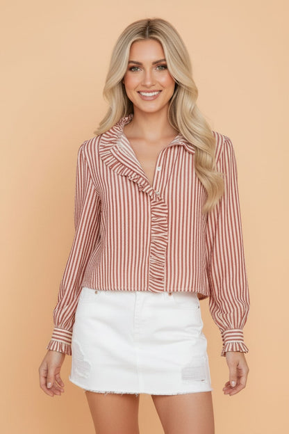 Stripe Textured Ruffle Trim Button-Up Long Sleeve Shirt