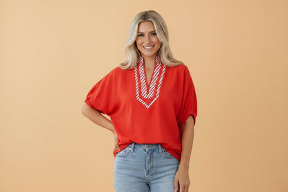 Gingham Collared V-Neck Short Sleeve Tunic Blouse