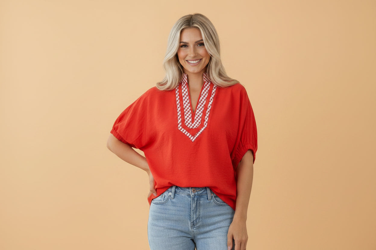 Gingham Collared V-Neck Short Sleeve Tunic Blouse