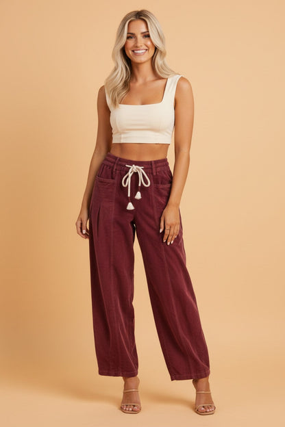 Corduroy Drawstring Waist Pleated Straight Leg Pants