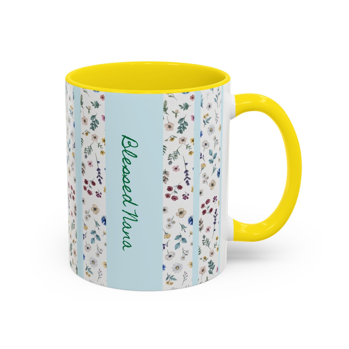 Blessed Nana Floral Accent Coffee Mug — Blue Striped 11/15oz