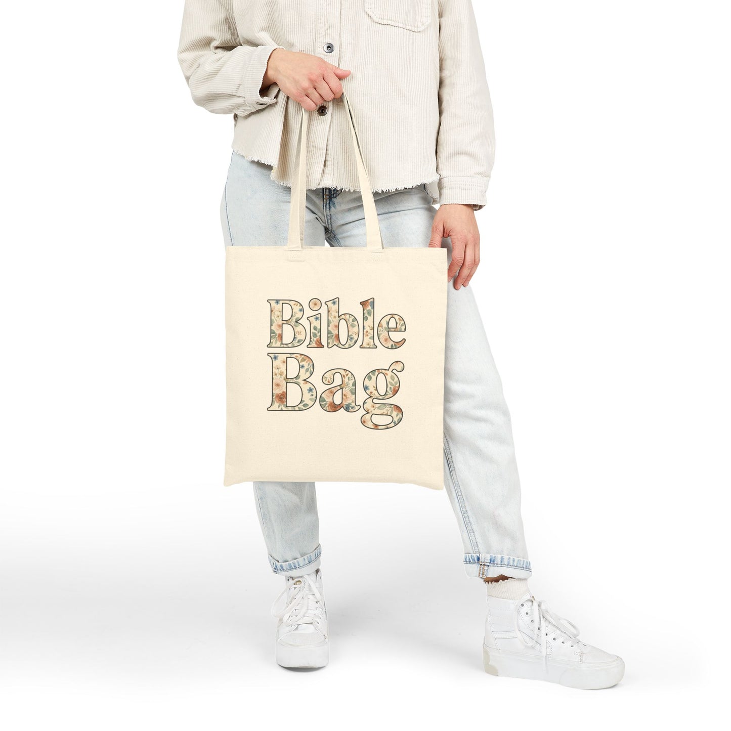 Bible Bag Cotton Canvas Tote — Floral Lettering Book Tote for Church & Everyday Use