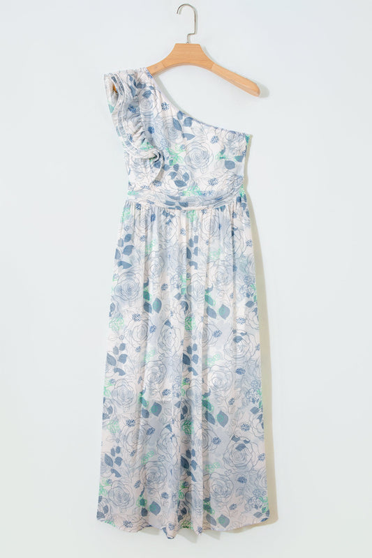 Floral Ruffle One Shoulder Maxi Dress
