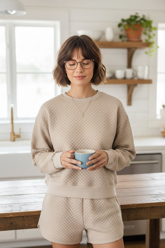 Parchment Solid Color Quilted Long Sleeve Top and Shorts Set