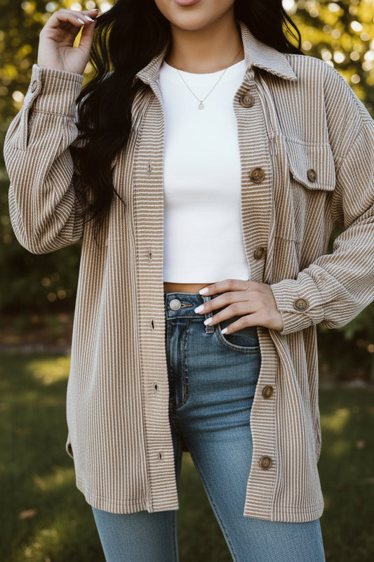 Smoke Gray Solid Corded Drop Shoulder Plus Size Shacket
