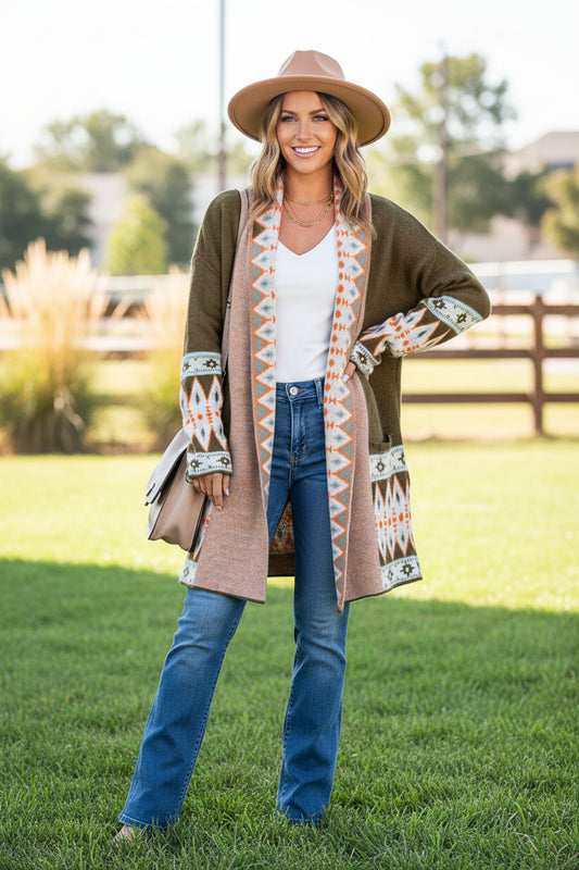 Blue Aztec Print Open Front Knitted Cardigan
