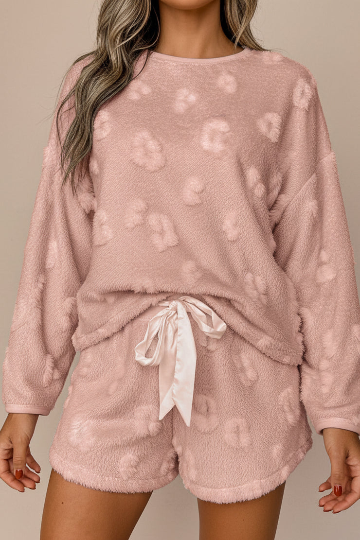 Light Pink Textured Leopard Fleece Loose Two Piece Lounge Set