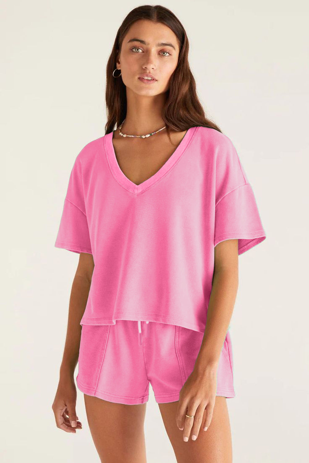Myosotis V Neck Drop Shoulder Tee and Patchwork Drawstring Elastic Waistband Shorts Set
