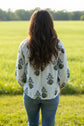 Beau Blue Striped Floral Printed Long Sleeve Tied V Neck Blouse