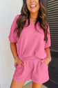 Apricot Textured V Neck T Shirt and Shorts Set