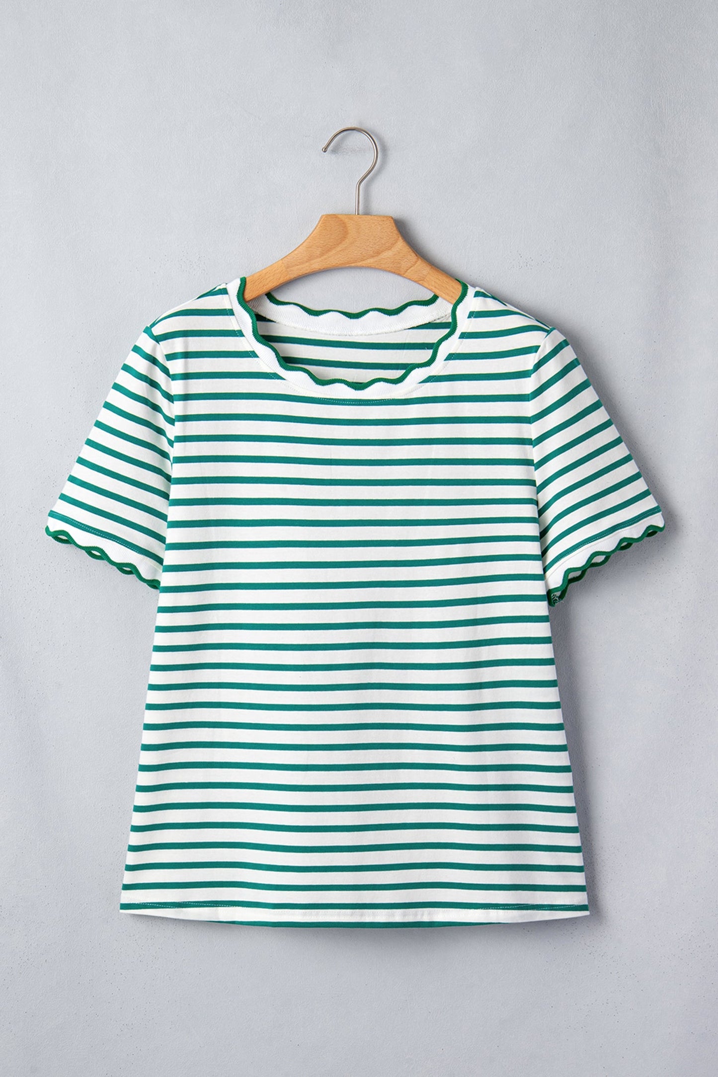 Stripe Scallop Trim Round Neck T-Shirt