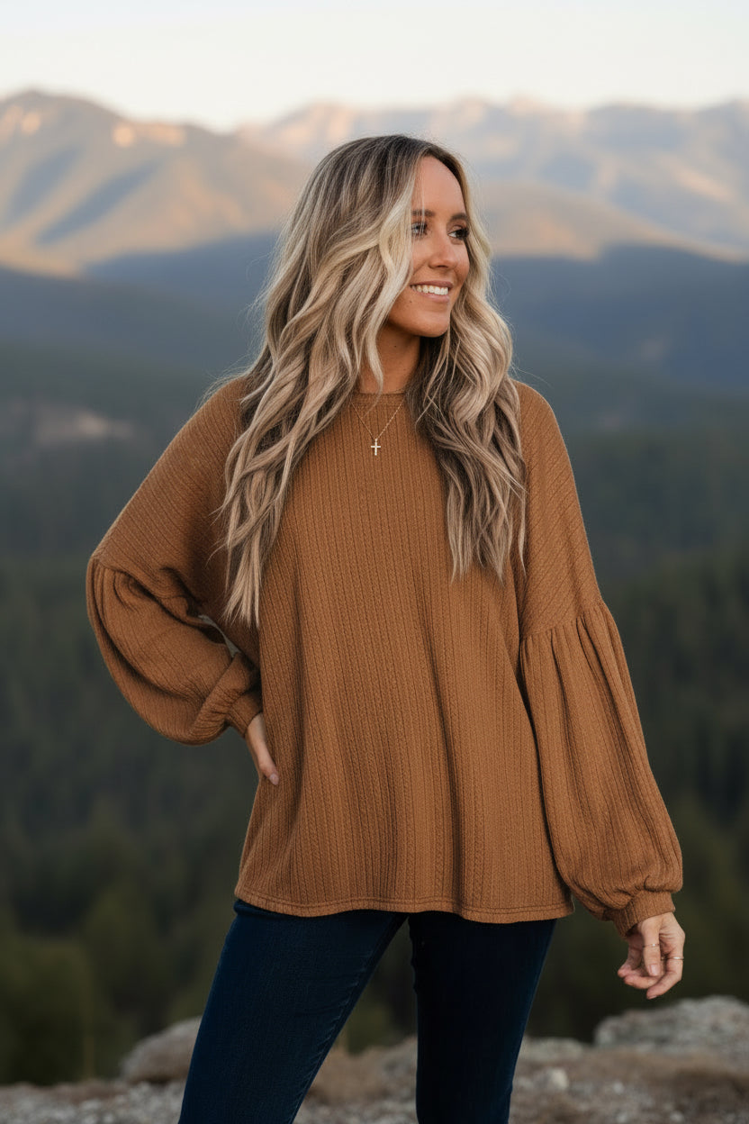 Faux Knit Jacquard Puffy Long Sleeve Top