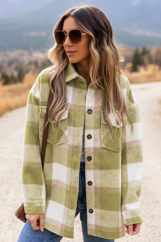 Sage Green Plaid Print Buttoned Flap Pockets Baggy Shacket