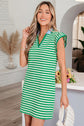 Dark Blue Stripe Print Contrast Collar Split Neck Flutter Sleeve Short Dress