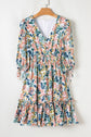 Sky Blue Floral 3/4 Sleeve V Neck High Waist Ruffled Dress