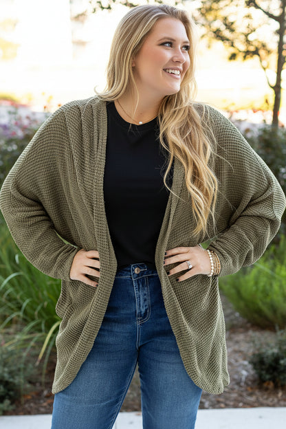 Seagrass Waffle Knit Drop Shoulder Open Front Pocketed Plus Size Cardigan